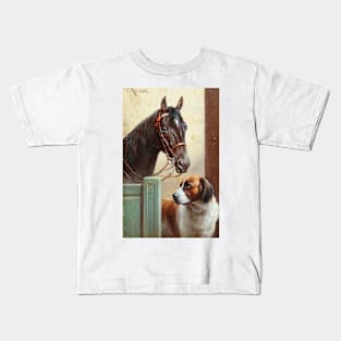 Friends, a Bay and a St Bernard in a Stable by Carl Reichert Kids T-Shirt